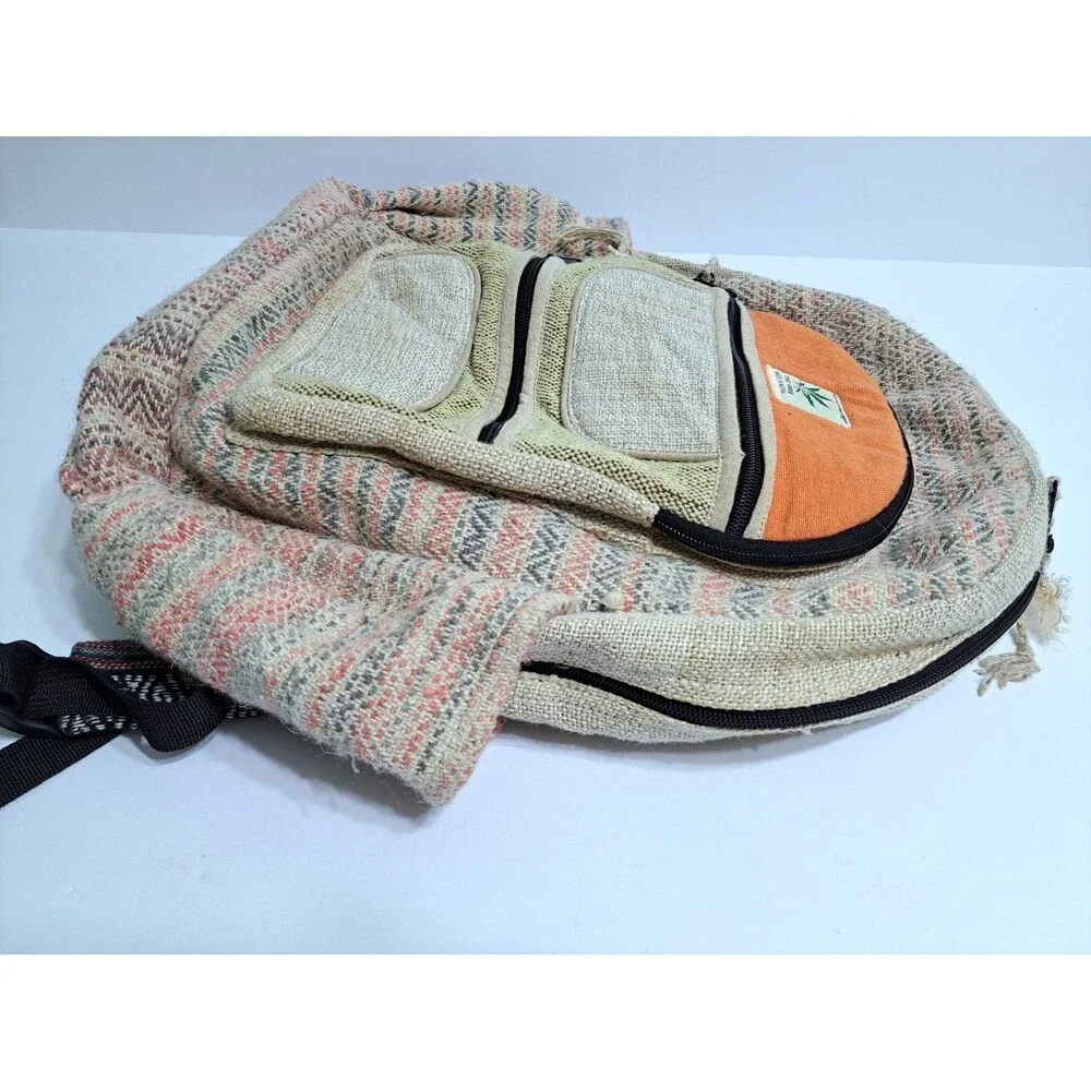 Himalayan Hemp THC Free Multi Color Handmade Backpack Nepal Pink Green Orange
